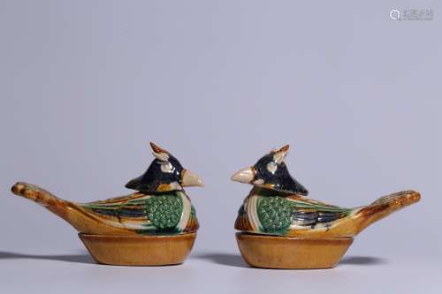 Tong Dynasty Period,  Tangsancai Mandarin Duck Pattern Boxes