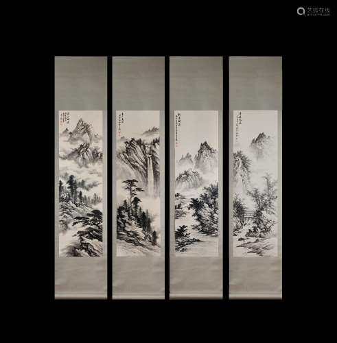 Huang Junbi Inscription,  Four Pieces Vertical-Hanging Lands...