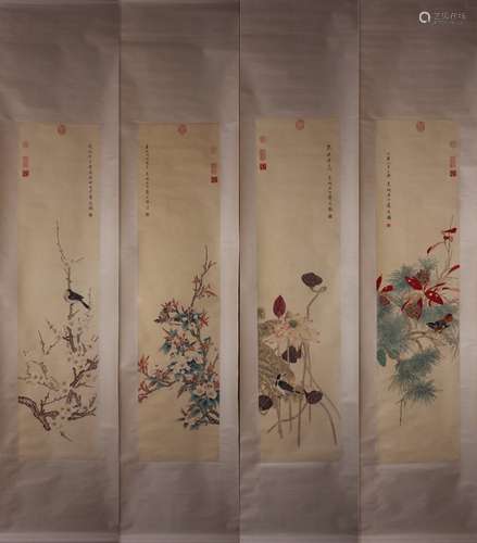 A Set of Four Paintings :Flowers and Birds  by Jiang Tingxi