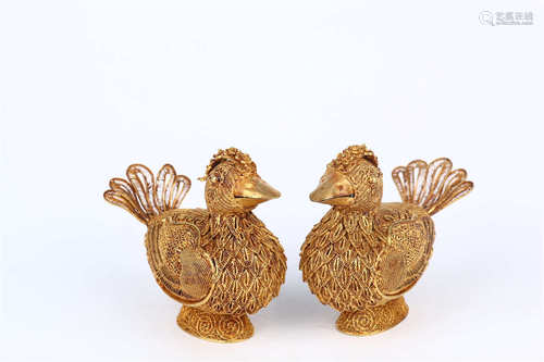 A Pair of Pure Gold Filigree Phoenix Ornaments