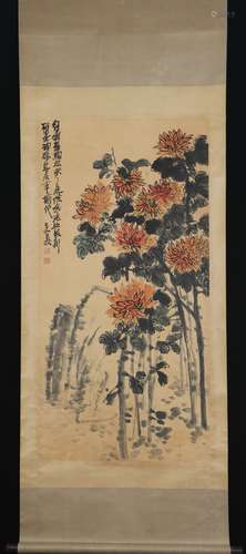 Vertical Painting :Chrysanthemum Clustered near Rocks  by Wu...