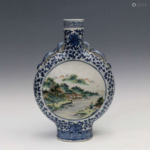 Blue-and-white Flat Vase with Famille Rose Landscape Pattern...