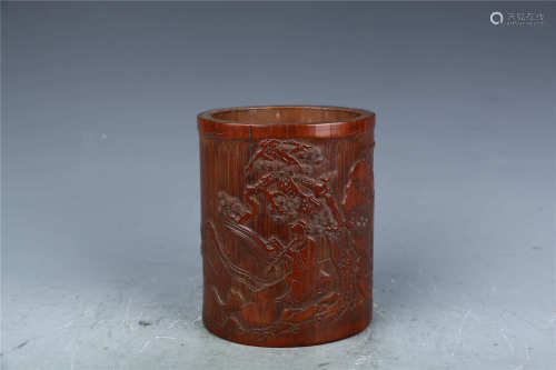 Bamboo Brush Pot Carved with Scholars under a Pine Tree