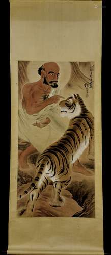 Vertical Painting : Arhat Subduing a Tiger  by Liu Jiyou,Mod...