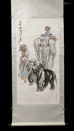 Vertical Painting : Elephants  by Shi Guoliang ,  Modern Tim...