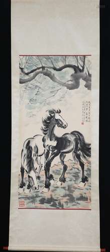 Vertical Painting : Two Horse under a Willow  by Xu Beihong ...