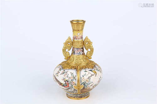 Gilt Vase with Enamel Flowers and Birds Design