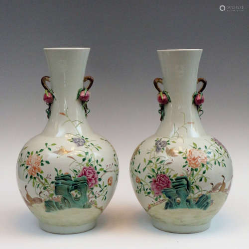 Famille Rose Vases with Two Ears and Peach Design ,during Da...