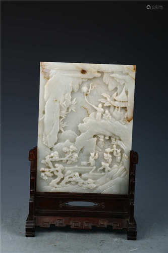 Hetian Jade Table Screen with Painting of Life in Mountains