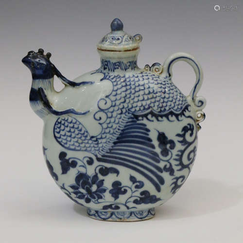 Blue-and-white Pot with Phoenix-shaped Sprout and Handle  ,Y...