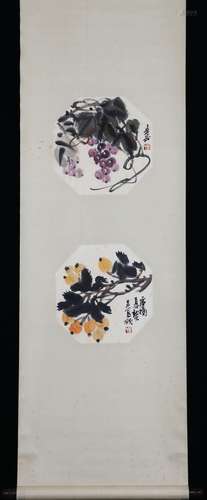 Vertical Painting : Loquat and Grape Tree  by Wu Changshuo, ...