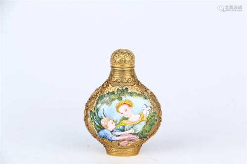 Gilt Snuff Bottle with Enamel Painting