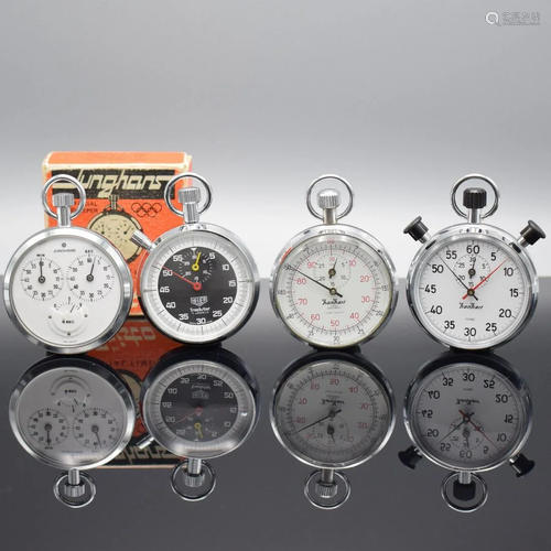 Set of 4 stop watches, 2x Hanhart, Heuer & Junghans