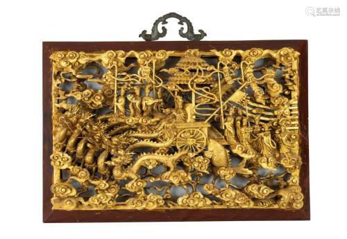 Qing- A Gilt Wood Carved Goddess Queen Hanging Panel