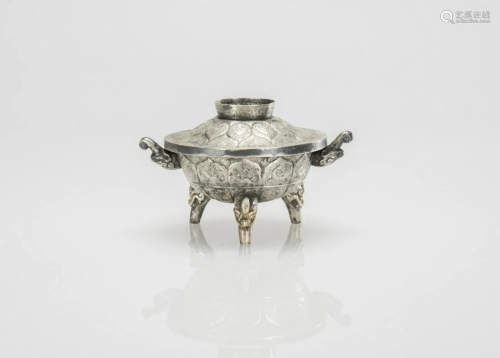 A Silver Carved Flowers Tri - Pod Cover Censer