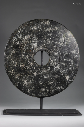 China Giant Bi-Disc, in black jade, decorated, in