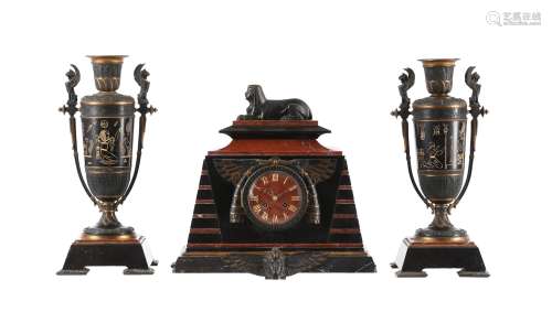 A French Egyptian revival bronze mounted marble mantel clock...