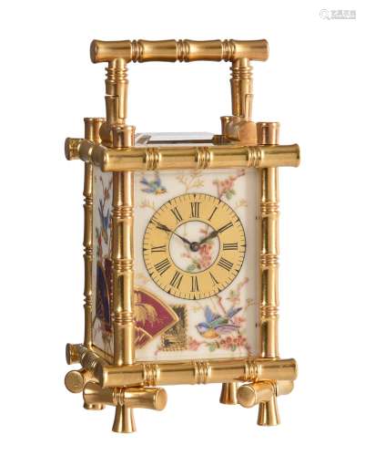 A fine French gilt bamboo cased miniature carriage timepiece...