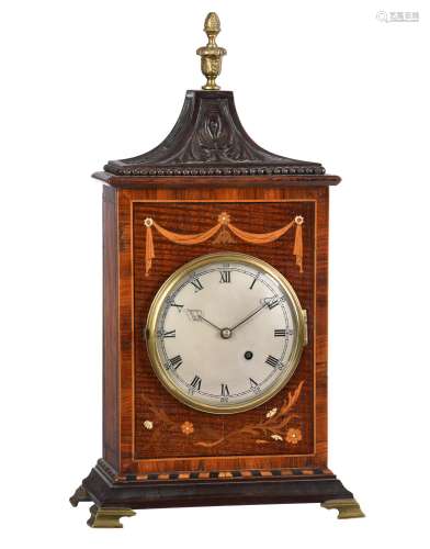 Y A English carved and inlaid mahogany mantel timepiece