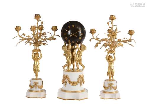 A French Louis XVI style ormolu and white marble mantel cloc...
