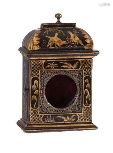 An unusual black japanned watch stand in the form of a minia...