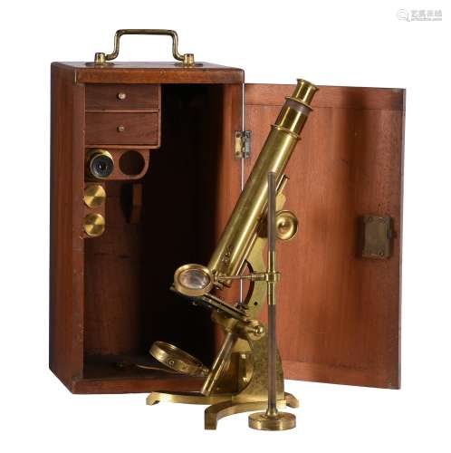 A Victorian lacquered brass monocular compound microscope