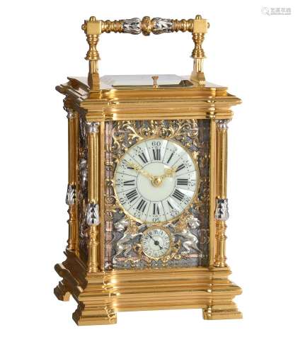 A fine French gilt carriage clock with multi-colour relief c...