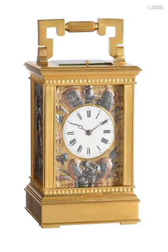 A fine French gilt brass carriage clock with multi-colour re...