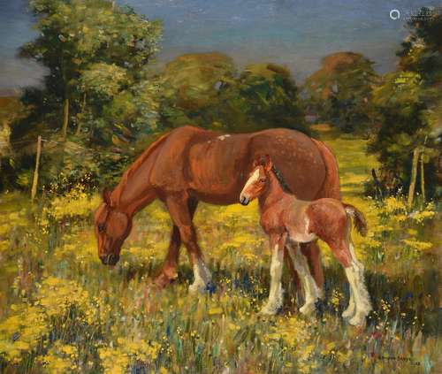 λ Edward Seago (British 1910-1974), Horses in a Norfolk land...