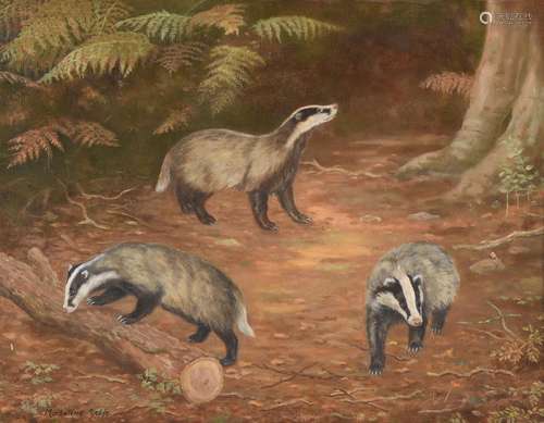 λ Madeline Selfe (British 1905-2005), Three badgers in a woo...