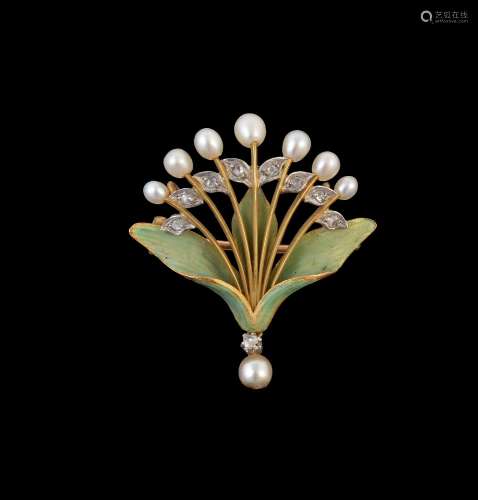 A French Art Nouveau diamond, pearl and enamel brooch