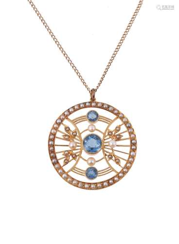 An Edwardian seed pearl and aquamarine pendant