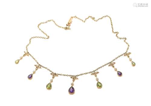 A peridot, amethyst and seed pearl necklace