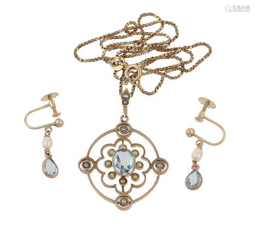 An Edwardian aquamarine and seed pearl pendant