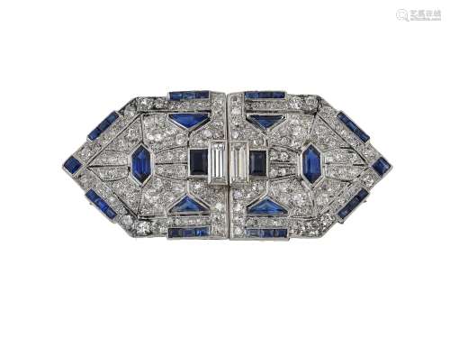 A mid 20th century sapphire and diamond double clip brooch