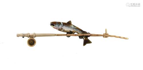 A early 20th century enamelled salmon and fishing rod brooch...