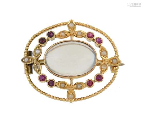 A 1920s gold Murrle Bennett & Co. ruby, seed pearl and moons...