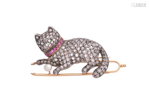 A diamond, ruby, emerald and bouton pearl cat brooch