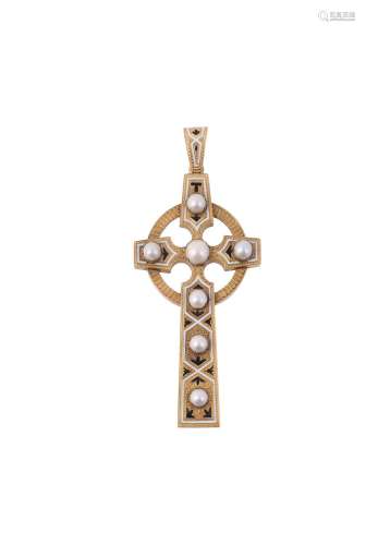 A mid Victorian gold Celtic cross Tay pearl pendant