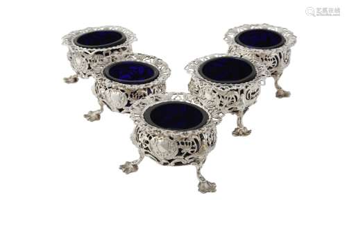 A Victorian matched set of five silver pierced cauldron salt...