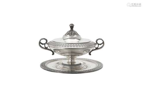 An Italian silver coloured sugar bowl, cover and stand