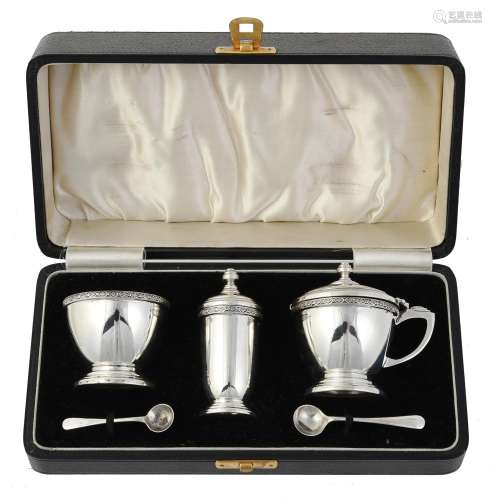 A cased silver five piece cruet set