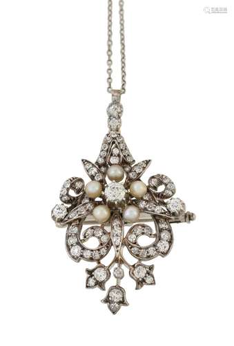 A late Victorian diamond and pearl brooch/pendant