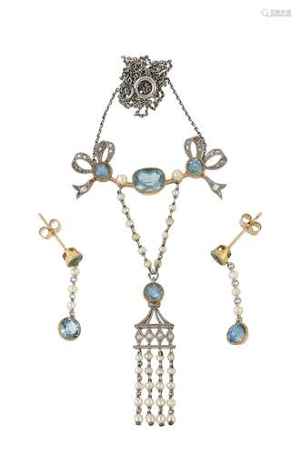 An Edwardian aquamarine, seed pearl and diamond necklace