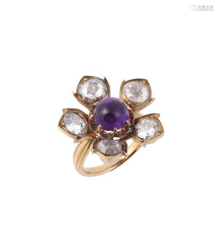 A diamond and amethyst flower head cluster ring