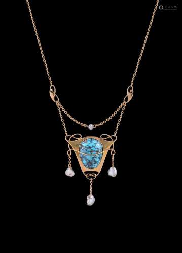 A turquoise matrix and freshwater pearl pendant necklace by ...