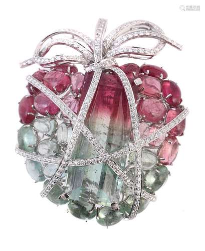 A diamond and tourmaline wrapped heart brooch