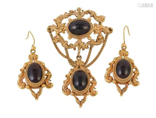 A pair of 1960s garnet earrings and brooch