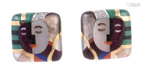 Y A pair of American inlaid hardstone mosaic earrings by Asc...