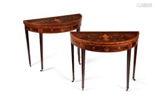 Y A pair of George III mahogany and marquetry inlaid demi-lu...
